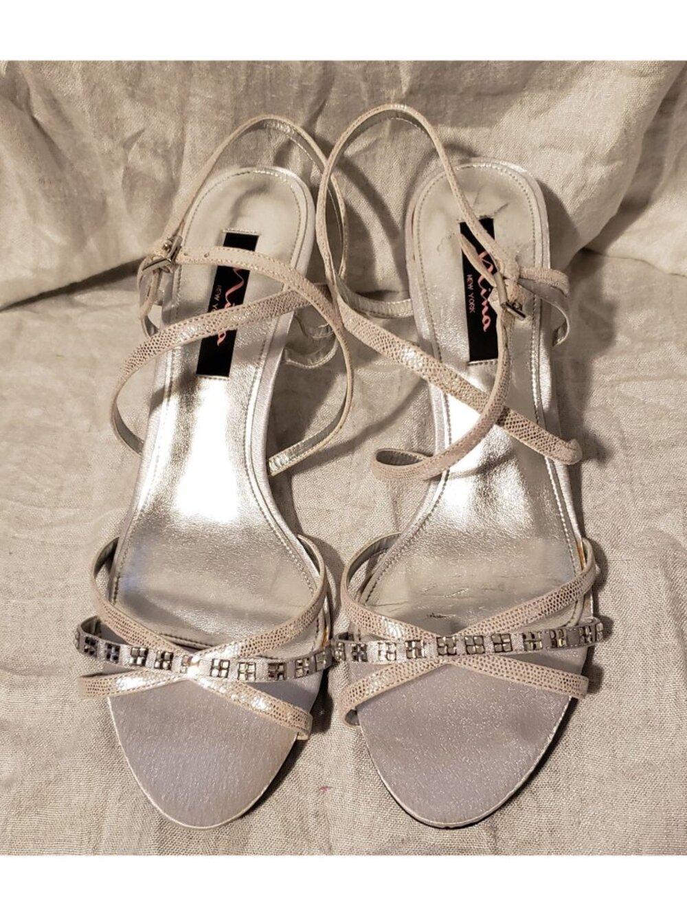 Nina Silver Crystal Trimmed Cross Strap Satin Sandals Size 10M EUC